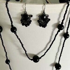 Vintage black beaded necklace and dangle earrings set